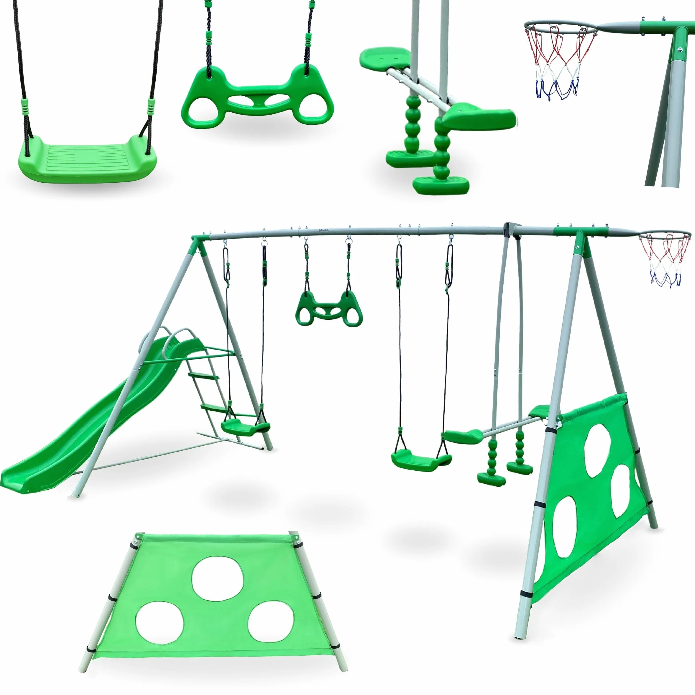 HyperMotion Swing HYP9 Parco giochi XXXL - Altalene Doppia e Singola, Scivolo, Trapezio, Cestino Basket, Scot Calcio - per 6 Bambini 3+ anni, 300 kg Max - Verde