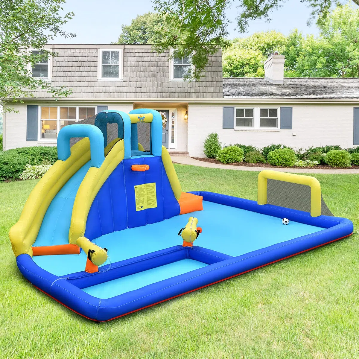 COSTWAY Castello Gonfiabile Per Bambini, Con Scivoli, Muro da Arrampicata e Piscina, Per 3 Bambini 3-10 Anni, Con Borsa di Trasporto e Kit Riparazione (Con soffiatore)