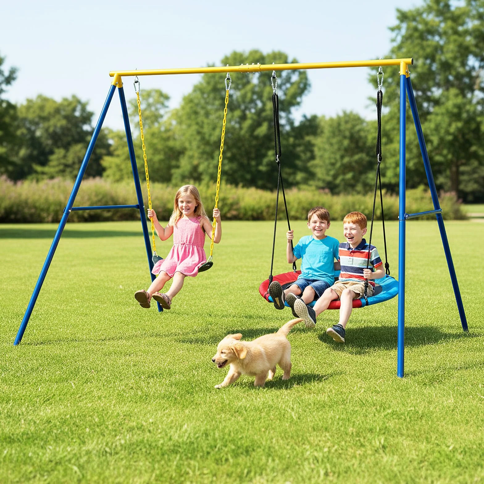 RELAX4LIFE Struttura per Altalena Doppia da Giardino con Portante 300kg, 2 Posti da Appendere, per Bambini e Adulti, Gioco Interno/Esterno, 4 Picchetti, Copripiedi e Moschettoni, Giallo e Blu