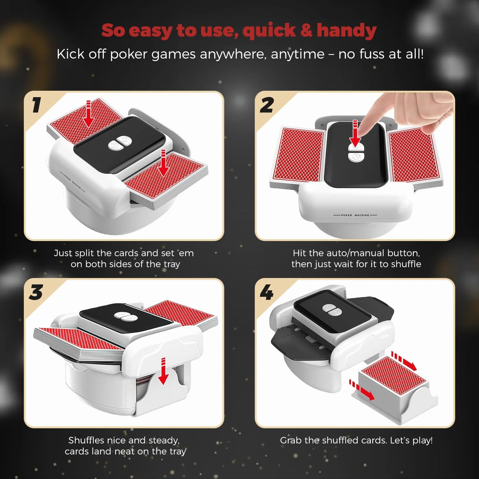 Shuffler automatico di carte, 2 modalità di funzionamento, ricaricabile con batteria a lunga durata, silenzioso, per UNO, Poker, carte Blackjack, nero (bianco e nero)