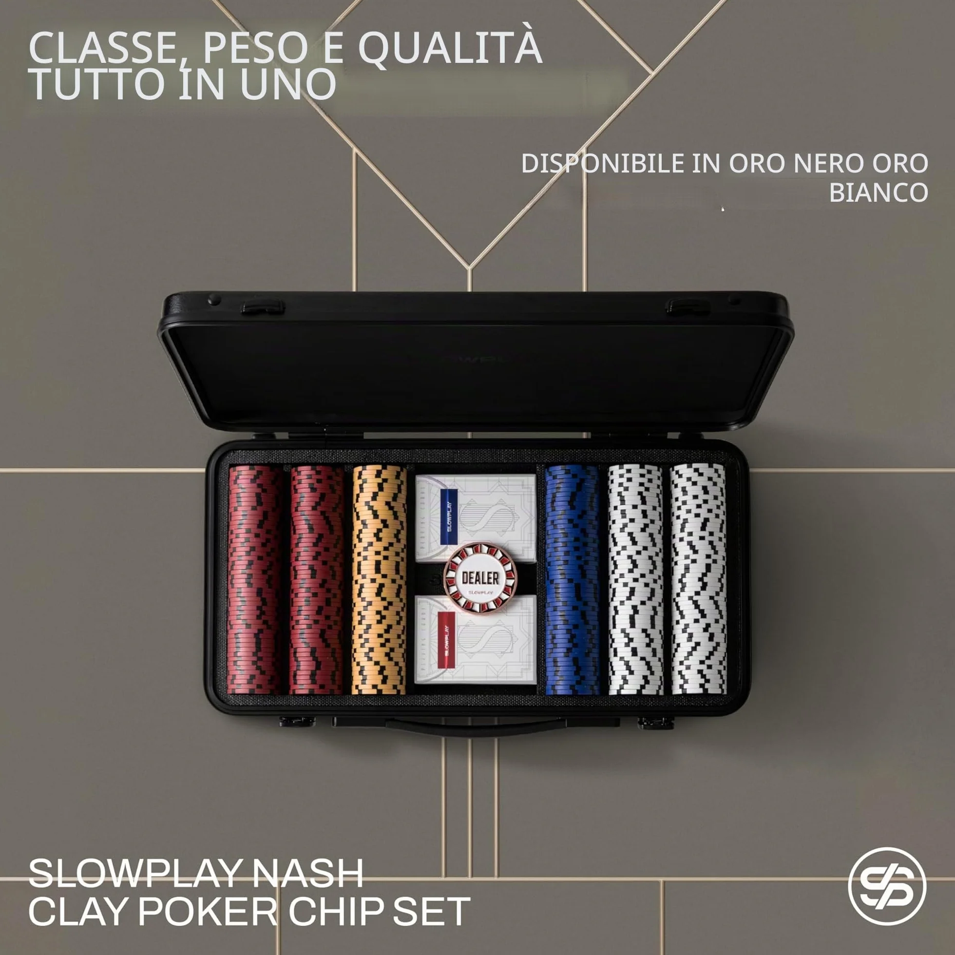 SLOWPLAY Set di fiches da poker Nash in argilla 14 g Black Gold 300 pezzi numerate 1,5,25,100,500 valigetta premium policarbonato