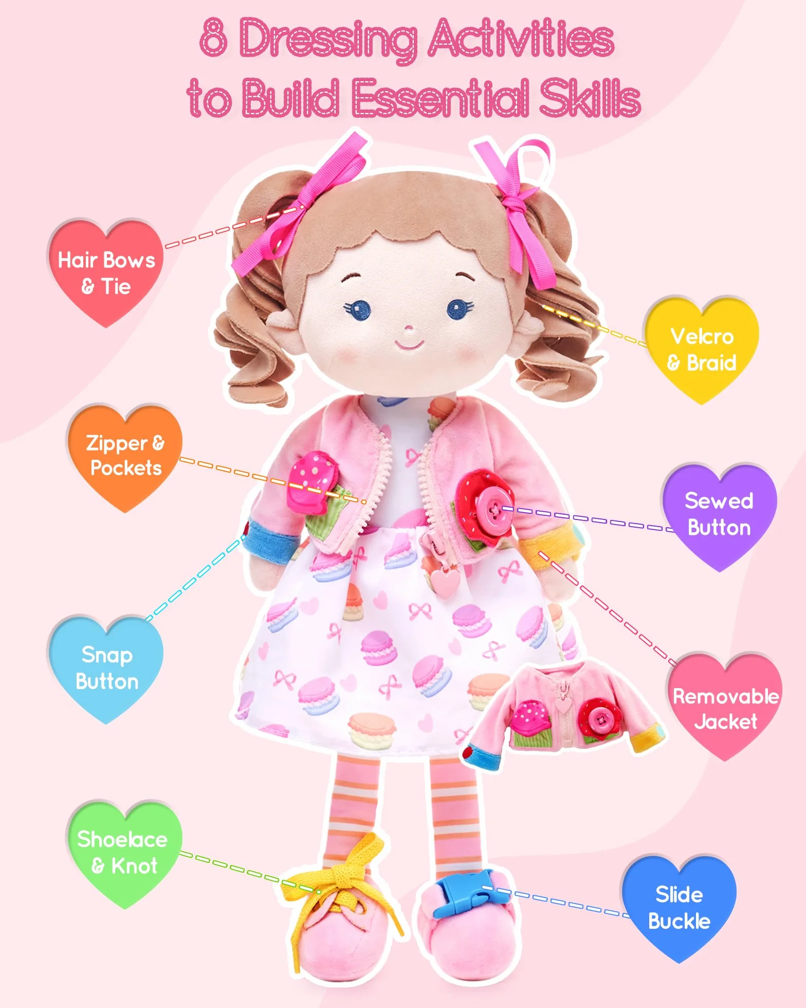 LeyaDoll bambola di peluche 40 cm, giocattolo sensoriale e educativo ispirato al metodo Montessori, morbida compagna per neonati 0-3 anni, idea regalo di compleanno per bambina-Busy Cupcake-Girl