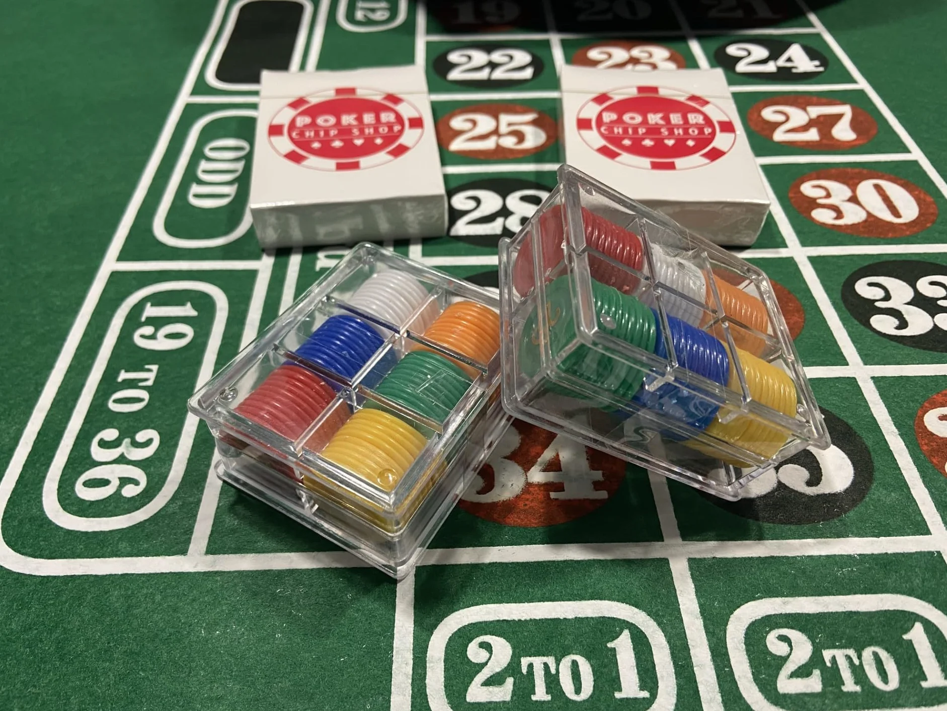 BOXED ROULETTE SET - LARGE WHEEL, FELT, RAKE,BALLS, MARKER + 50 FULL WIDTH STARTER CHIPS