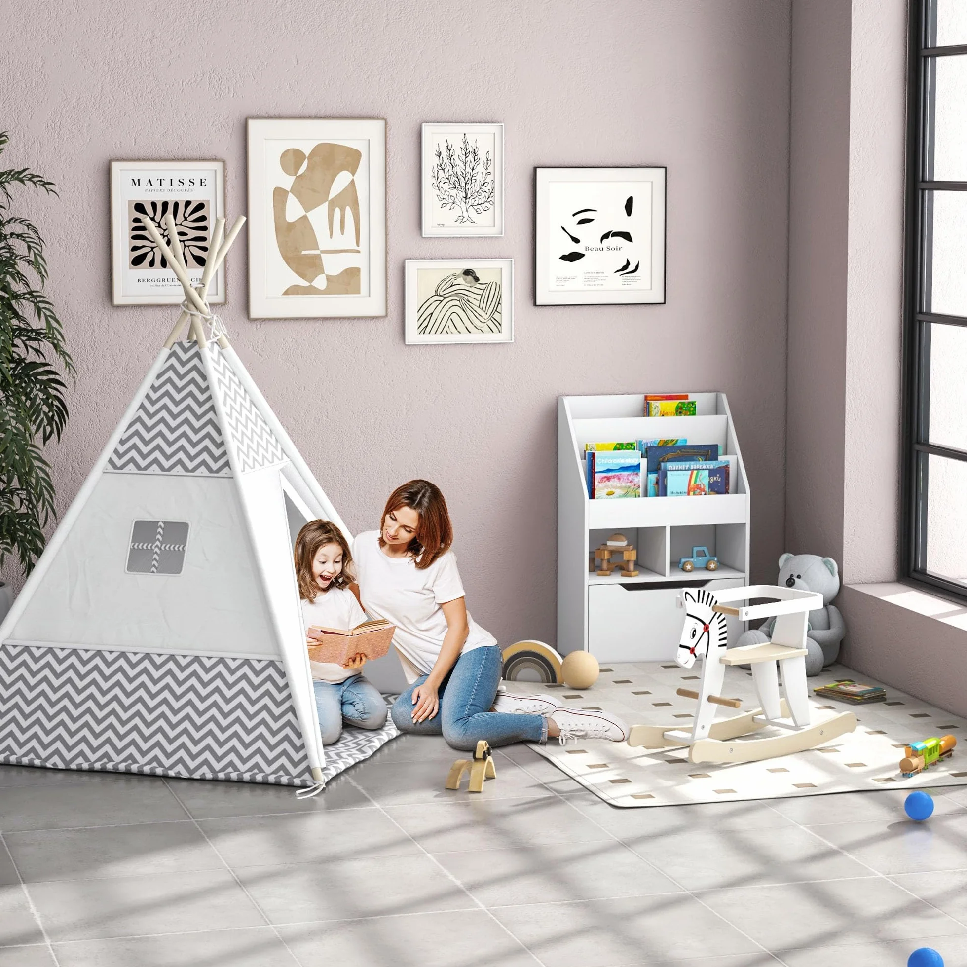 HOMCOM Cavallo a Dondolo Classico in Legno per Bambini 1-3 Anni con Bordo, Maniglie e Poggiapiedi, 68x26.5x48cm, Bianco