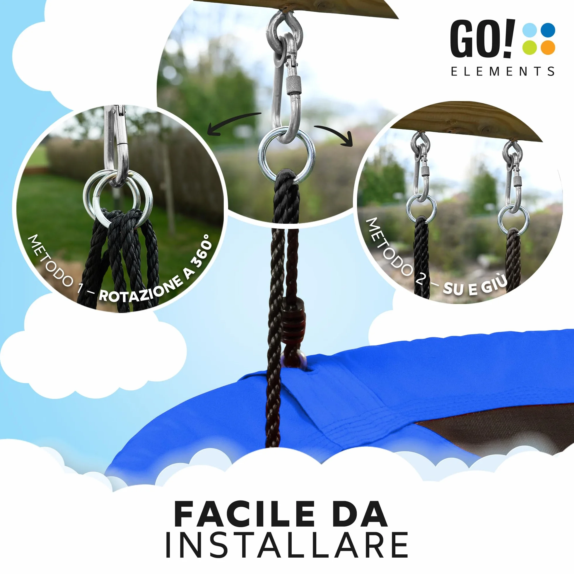 GO!elements altalena a nido | altalena rotonda per bambini | altalena per bambini & altalena adulti regolabile in altezza fino a 150 kg di capacità | Dimensioni: ø 80 cm, Colore: Blu