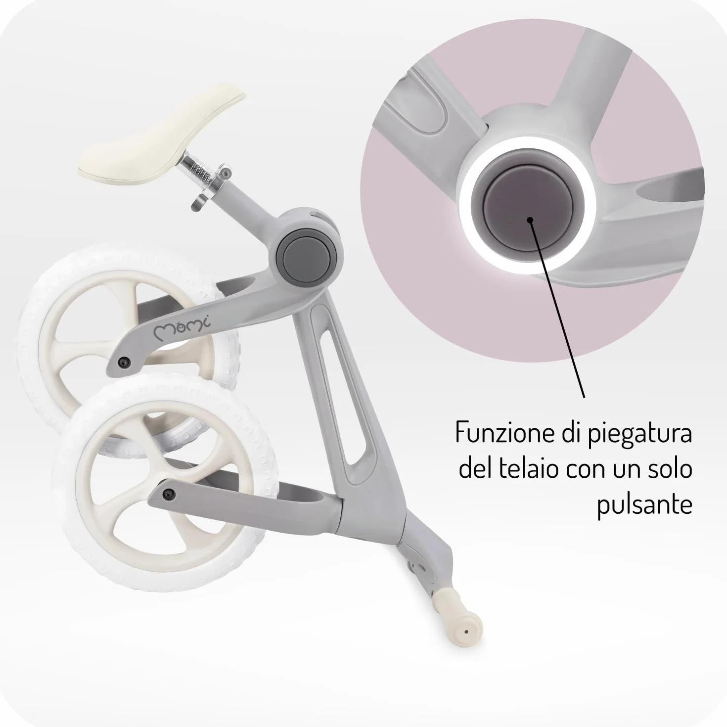 Momi Bicicletta senza pedali NORU per bambini dai 2 anni (max 25 kg), pieghevole con un pulsante, sella regolabile, ruote EVA antiforatura da 12"