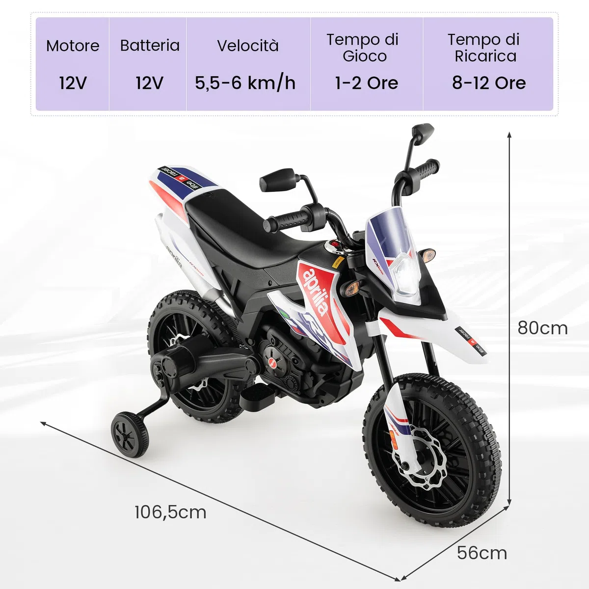 RELAX4LIFE Moto Elettrica Aprilia RX 12 V per Bambini, con Rotelle Ausiliarie, 5,5-6 km/h, Luci,Musica,Fari, Carico 30 KG, per Bambini 3-8 Anni