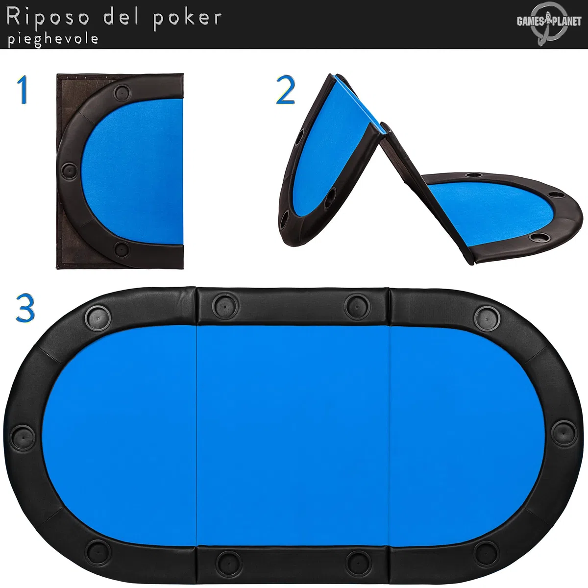 GAMES PLANET Tavolo da Poker Pieghevole Straight Flush con Borsa, 208 x 106 x 3 cm, Piano in MDF, bracciolo Imbottito, 10 portabicchieri, Colori a Scelta - Blu