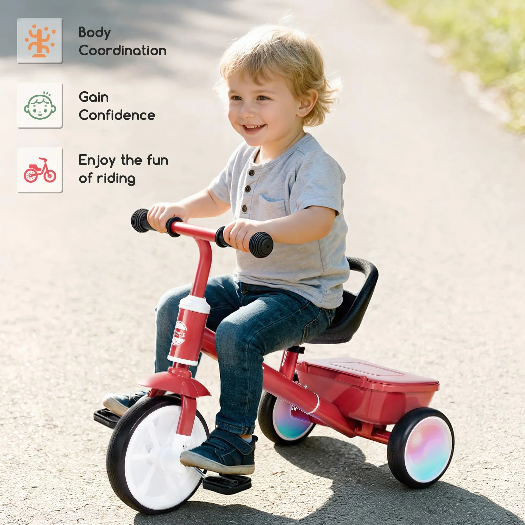 VITONIS Triciclo per bambini dai 2 anni in su, bicicletta senza pedali per bambini dai 24 mesi ai 5 anni, con due ruote illuminate a LED, regali e giocattoli per bambini e bambine, rosso