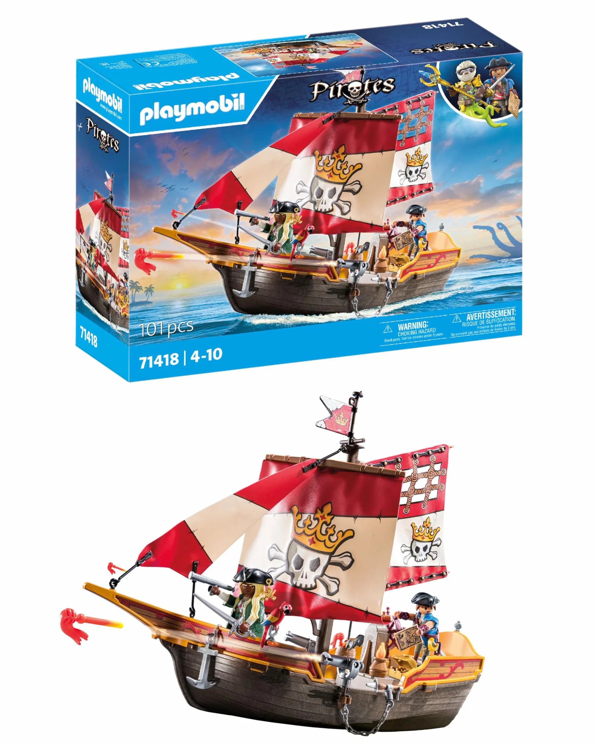 PLAYMOBIL Pirates 71418 Nave Pirata, emozionanti Avventure piratesche, playset con Molti Accessori Come Un telescopio, Una Bussola e cannoni, Giocattolo per Bambini dai 4 Anni in su