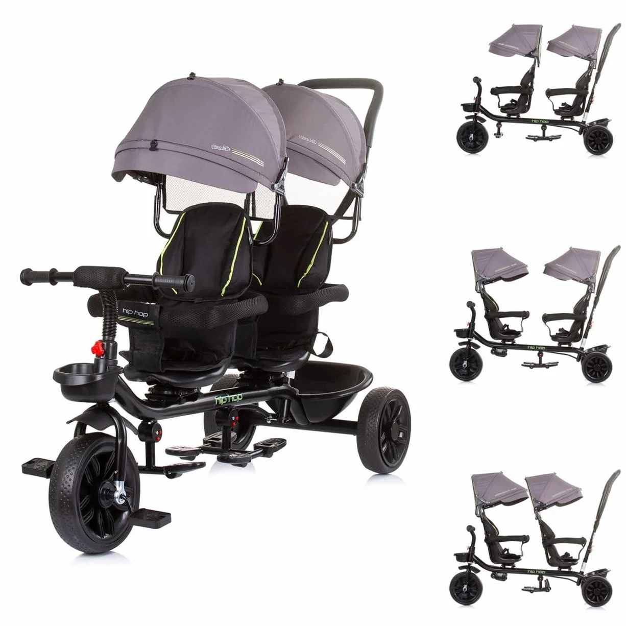 Chipolino Triciclo Hip Hop, due bambini, fino a 40 kg, sedili ruotabili a 360°, colorazione:grigio