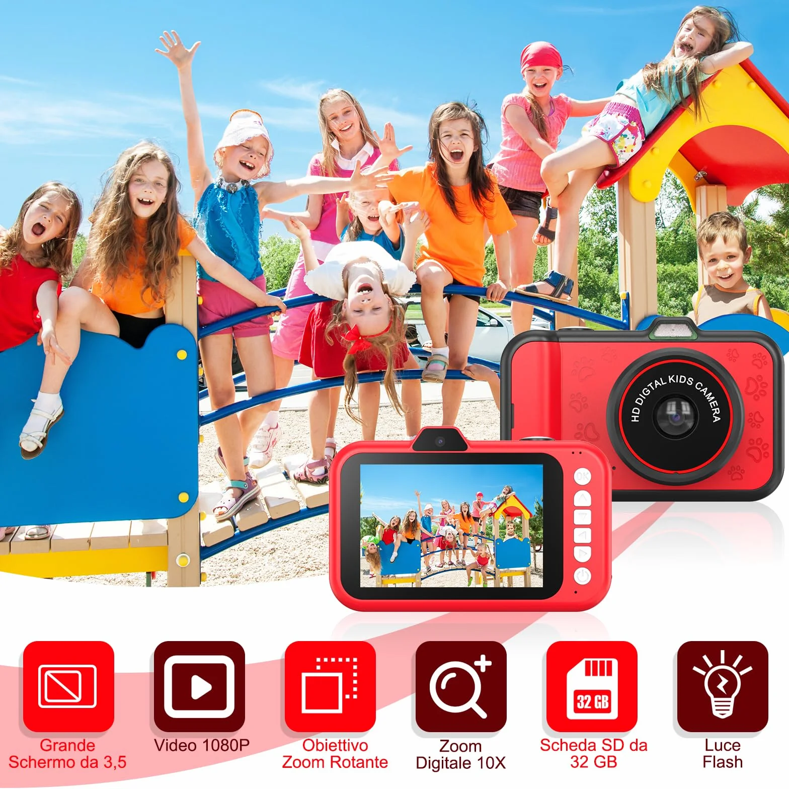 Macchina Fotografica Bambini | 3,5" Grande Schermo| 360° Obiettivo Zoom Rotante| 1080P HD Fotocamera Bambini con Selfie| Flash LED | Scheda SD 32G| Regalo Bambina e Bambino 3 4 5 6 7 8 9 10 11 12 Anni