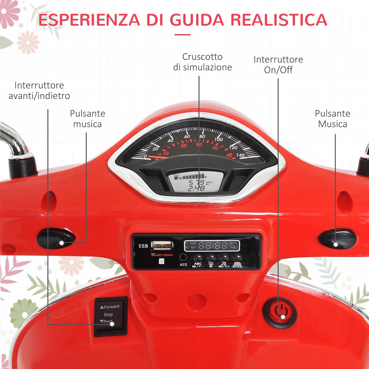 HOMCOM Vespa Moto Elettrica per Bambini, 6V Motorino Elettrico 3-6 Anni, Rosso, 102x50.5x75.5 cm