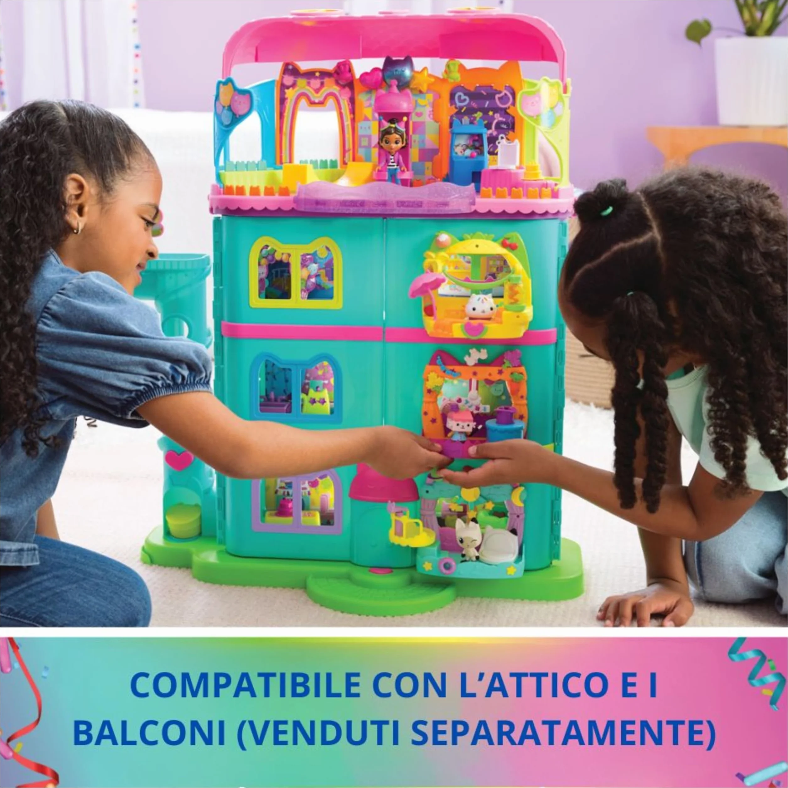 Gabby's Dollhouse, la Casa delle Bambole di Gabby a Tema Festa, 15 Pezzi a Tema Arcobaleno, Personaggi e Mobili per la Casa delle Bambole con Effetti Sonori, Alta 60 cm, 3+ Anni