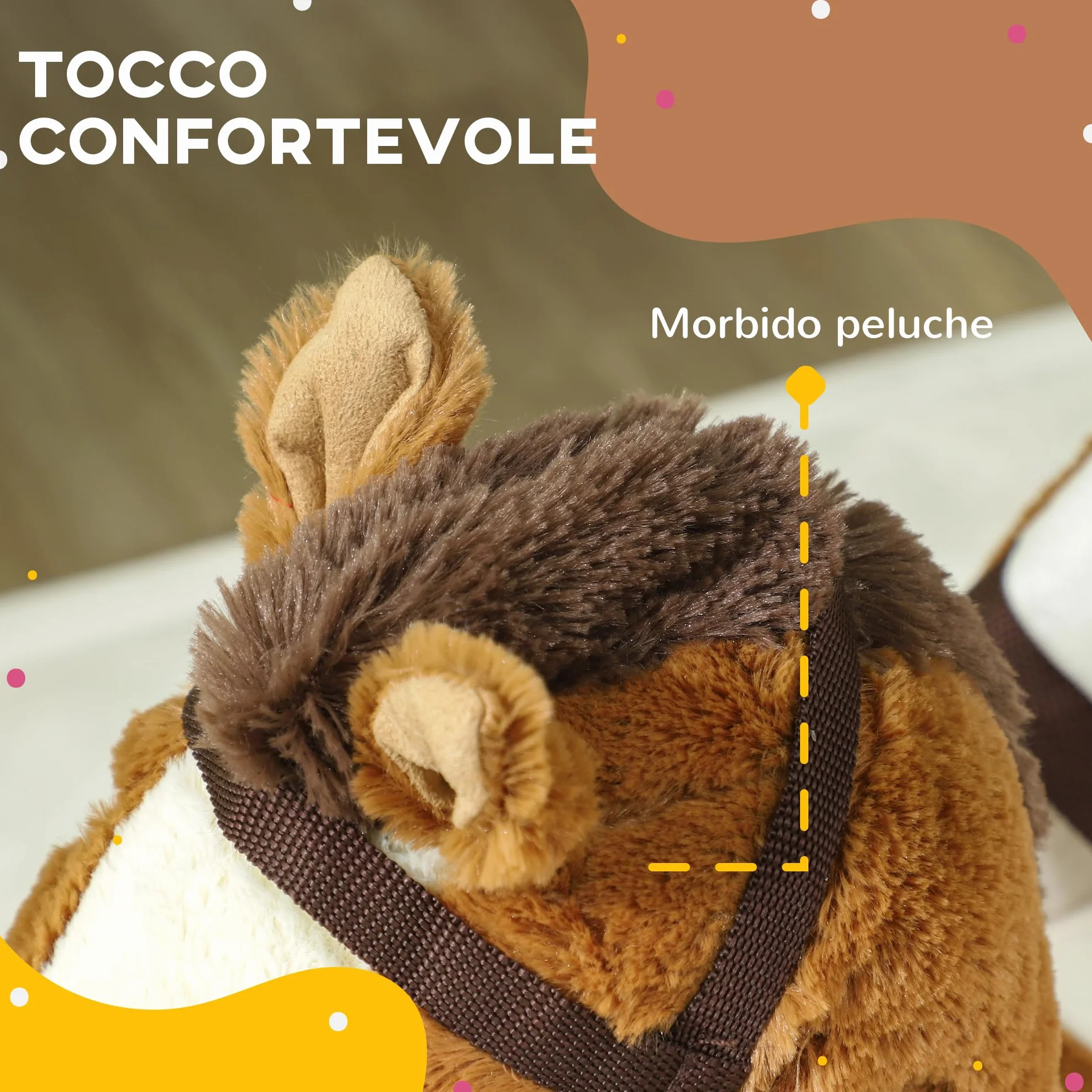 AIYAPLAY Cavallo a Dondolo per Bambini 18-36 Mesi, Cavallino in Peluche con Suoni, Base in Legno e Cintura di Sicurezza, Marrone