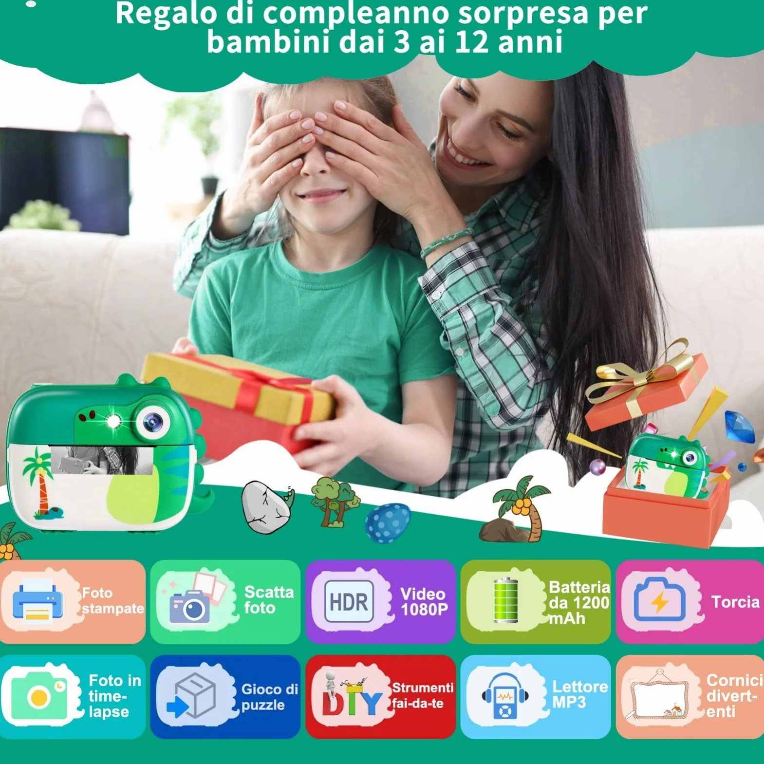 ARNSSIEN Macchina Fotografica Bambini Istantanea, 1080P Fotocamera Istantanea con 7 Rotoli di Carta, Fotocamera Digitale Bambini 2.4 Pollici, Regalo di Natale e Compleanno per Bambino di 3-12 Anni, M3
