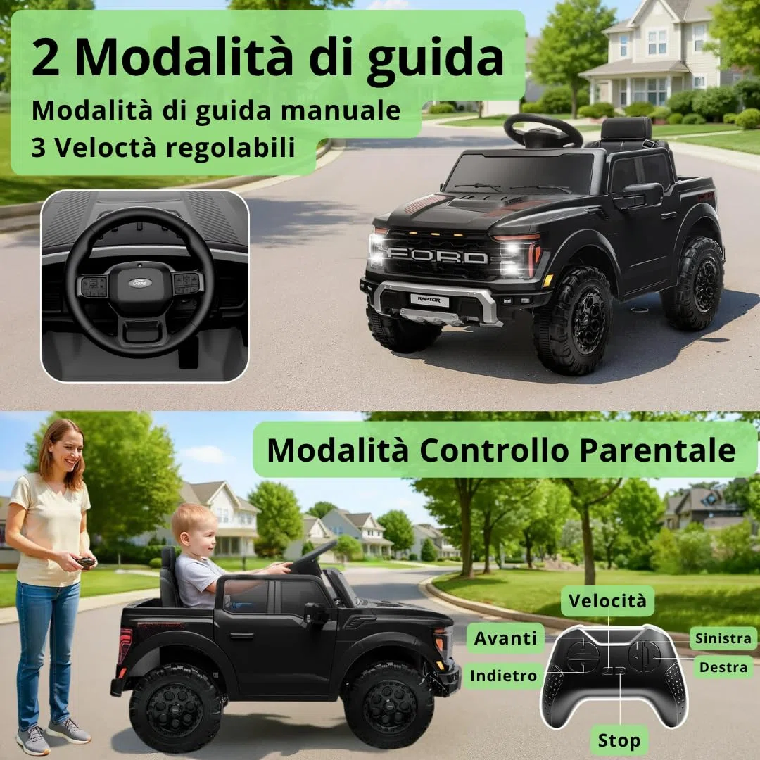 Ford F150 Raptor 12V Auto Elettrica per Bambini con Telecomando, Luci LED, Bluetooth, Cintura di Sicurezza, Carico 30 kg (Nero)