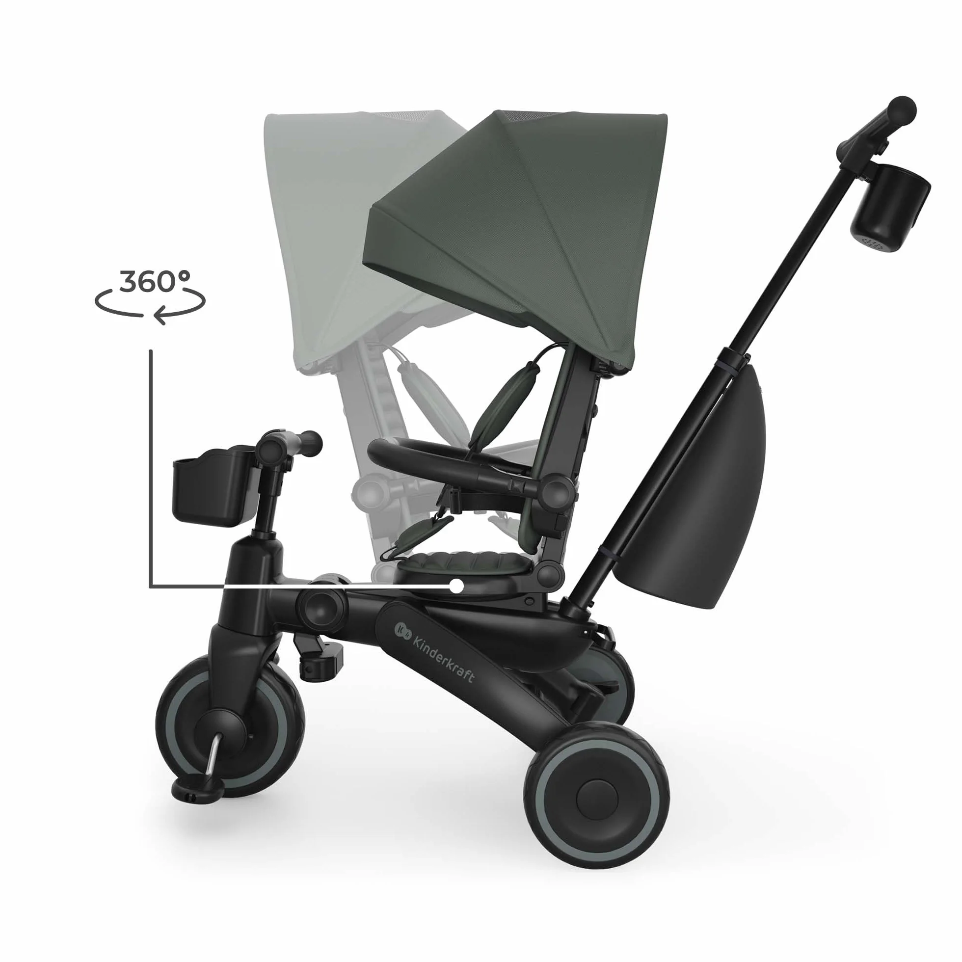 Kinderkraft JAZZ 3 triciclo pieghevole 9 mesi-25 kg, seduta 360°, semi-reclinabile fronte/retro, capotta UPF 50+ impermeabile, ruota libera, chiusura compatta, Verde