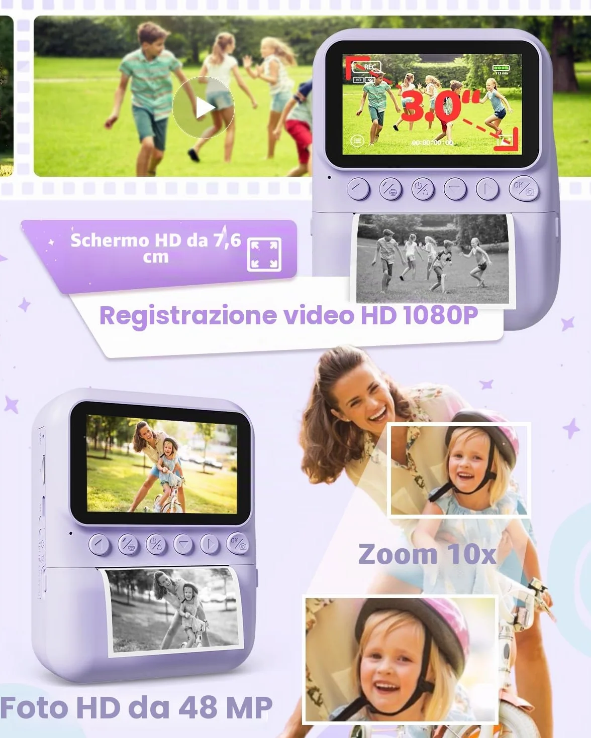 TIATUA Macchina Fotografica Bambini Istantanea, 3.0 Pollici Fotocamera Digitale Bambini con 32GB Scheda & 3 Rotoli di Carta da Stampa, Regalo per Ragazze Ragazzi da 3-12