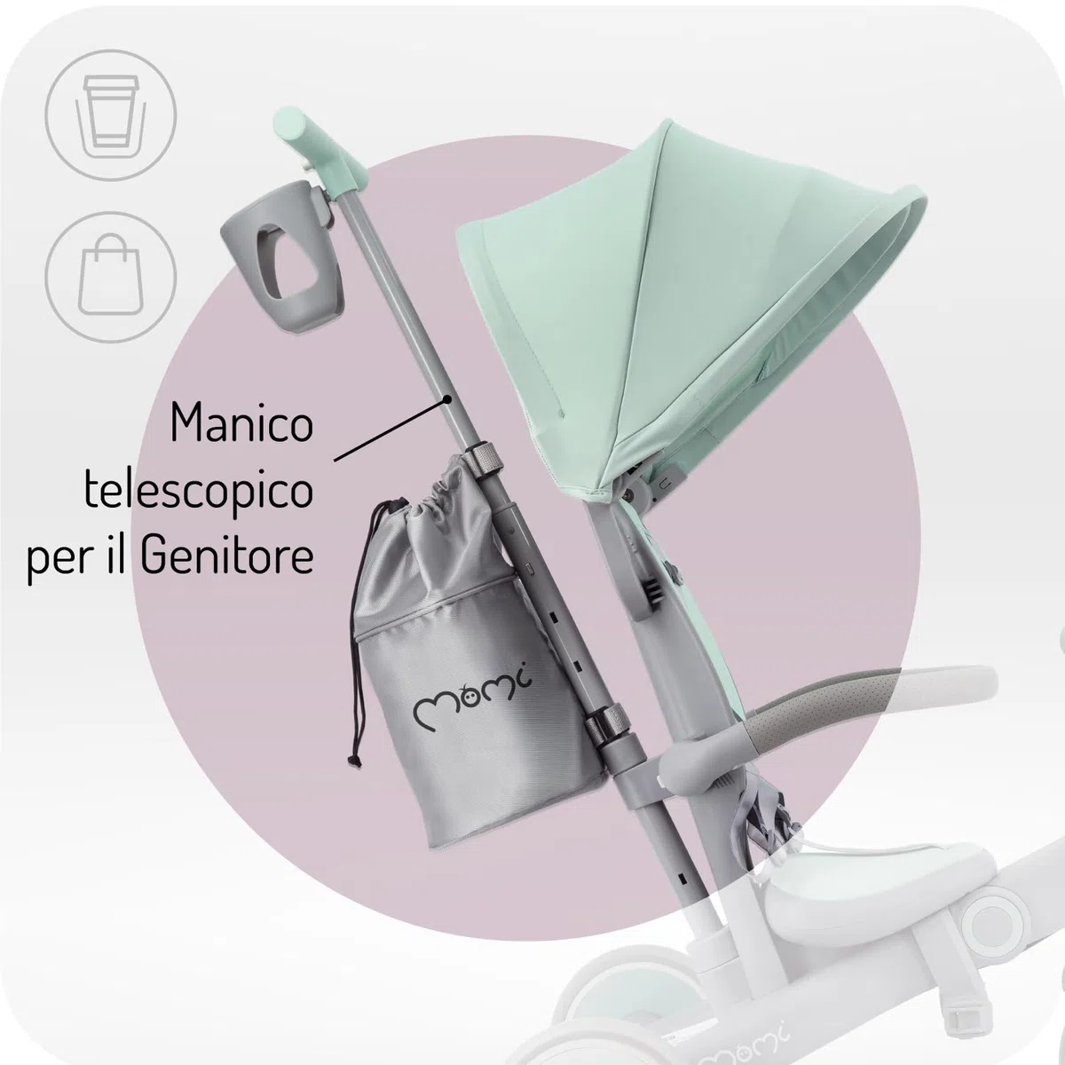 Triciclo per bambini MoMi 4in1 SOLIVIA con manubrio telescopico, cinture di sicurezza a 5 punti, per bambini a partire da 12 mesi, con capottina parasole, ruote in PU, borsa e portabicchiere