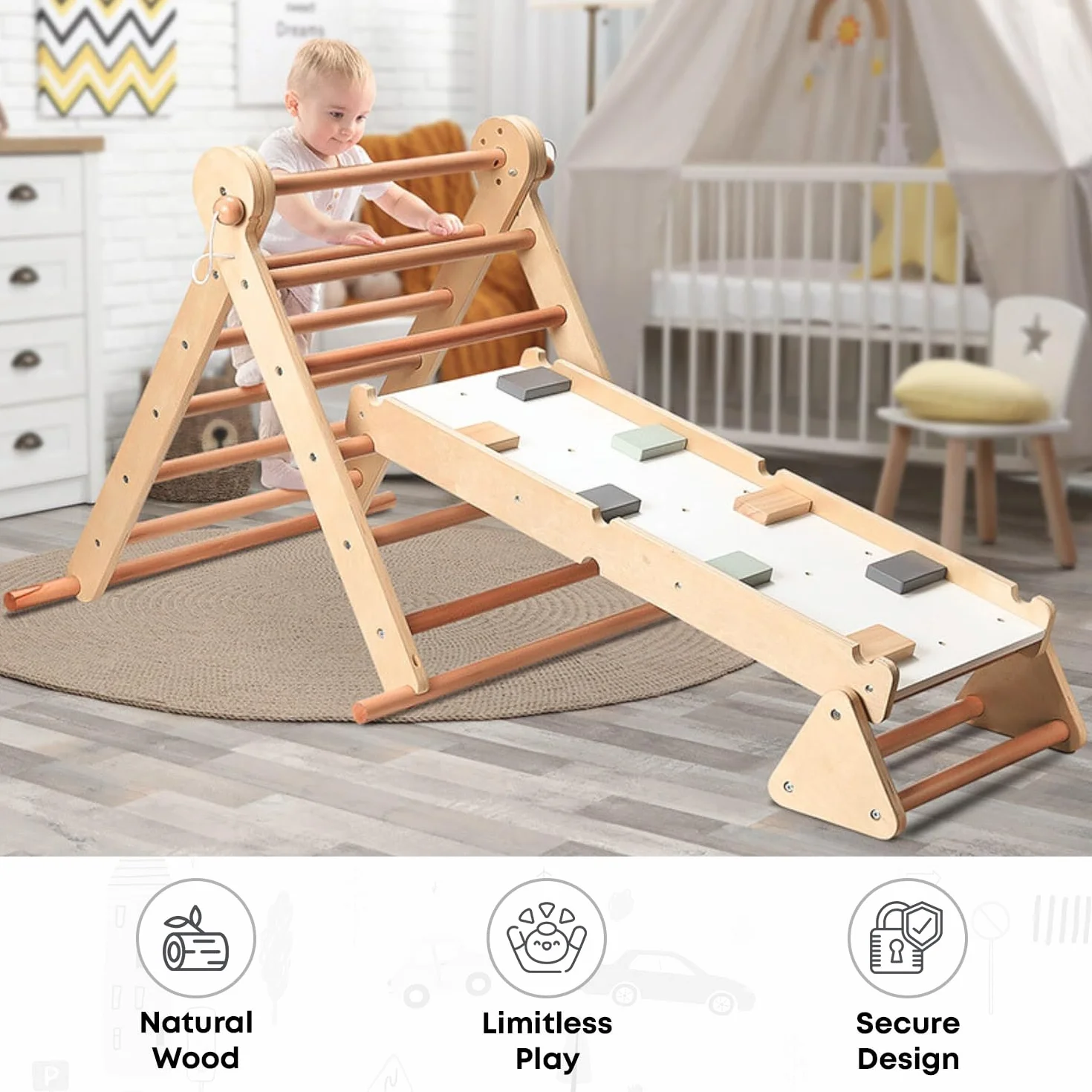 Mamabrum Parco Giochi in Legno con Scaletta e Parete da Arrampicata – Casa Multiattività con 3 Livelli di Regolazione, Triangolo Motorio, Capacità di Carico fino a 50 kg