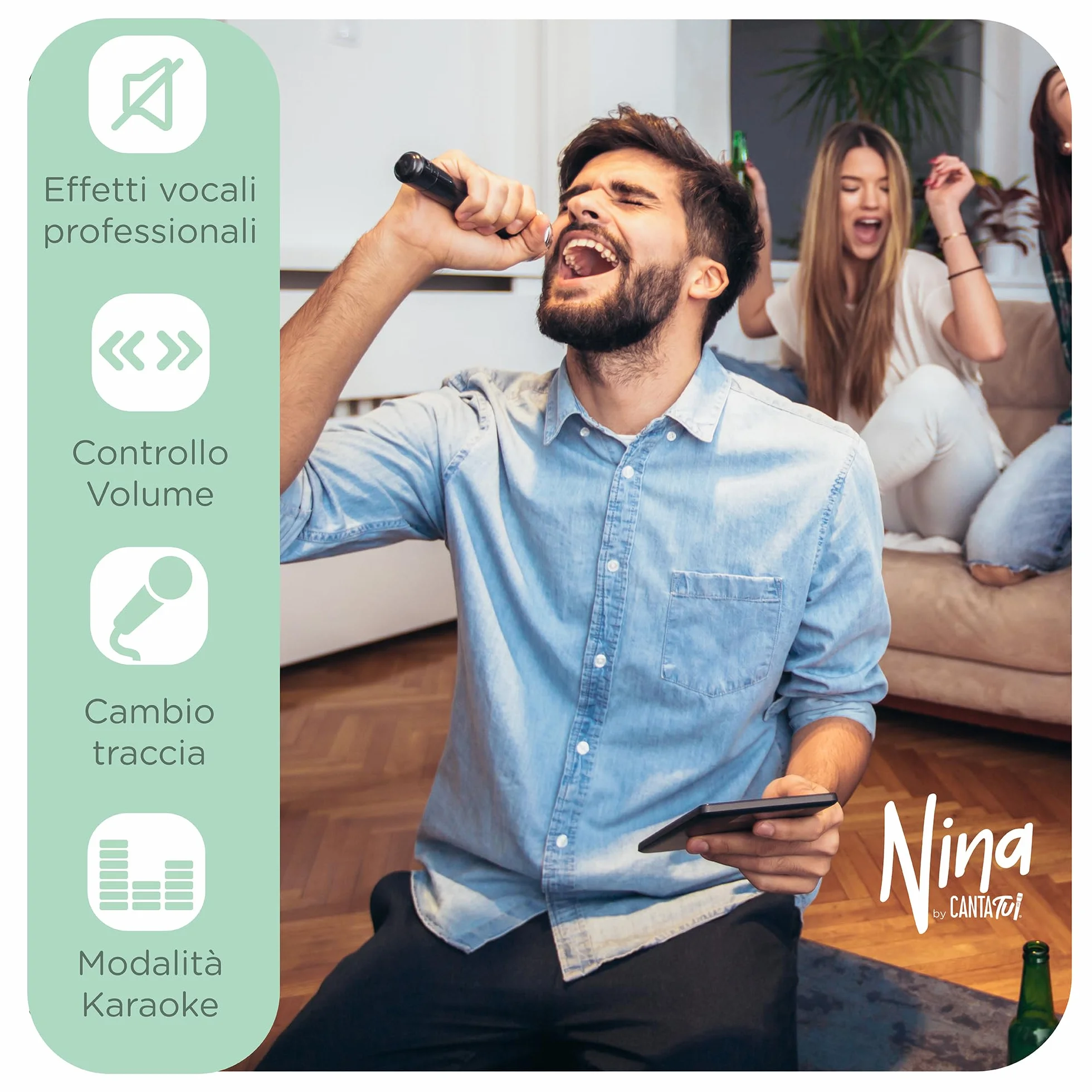 Canta Tu Nina Macchina Karaoke 2 Microfoni Wireless Bluetooth Altoparlante Portatile Luci LED Cambio Voci Beige