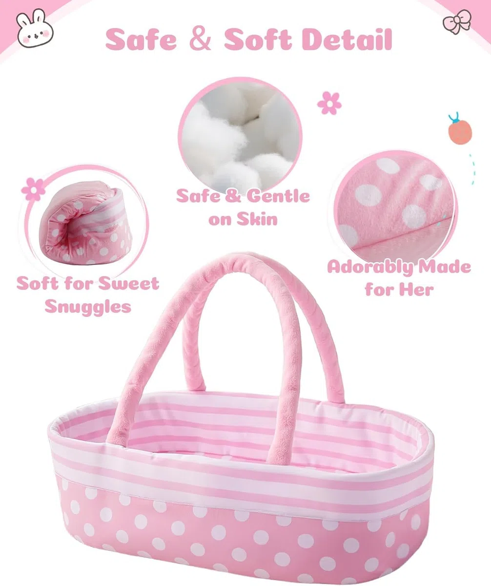 BABESIDE Vestiti per Rinato Bambino Bambole da 8 Pezzi con Culla Adatto a Bambole da 17-22 Pollici, Vestiti per Bambole, Accessori di Abbigliamento (rosa)