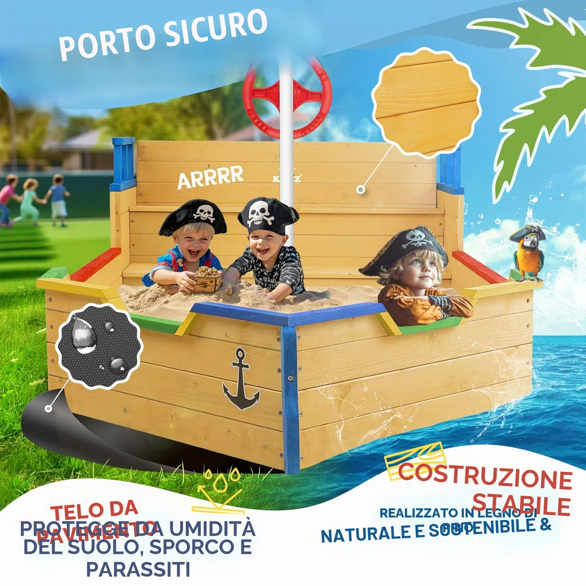 KIDIZ® Sabbiera per bambini Ahoy - nave pirata - barca giocattolo - barca a vela in legno - incl. copertura protettiva, colorato