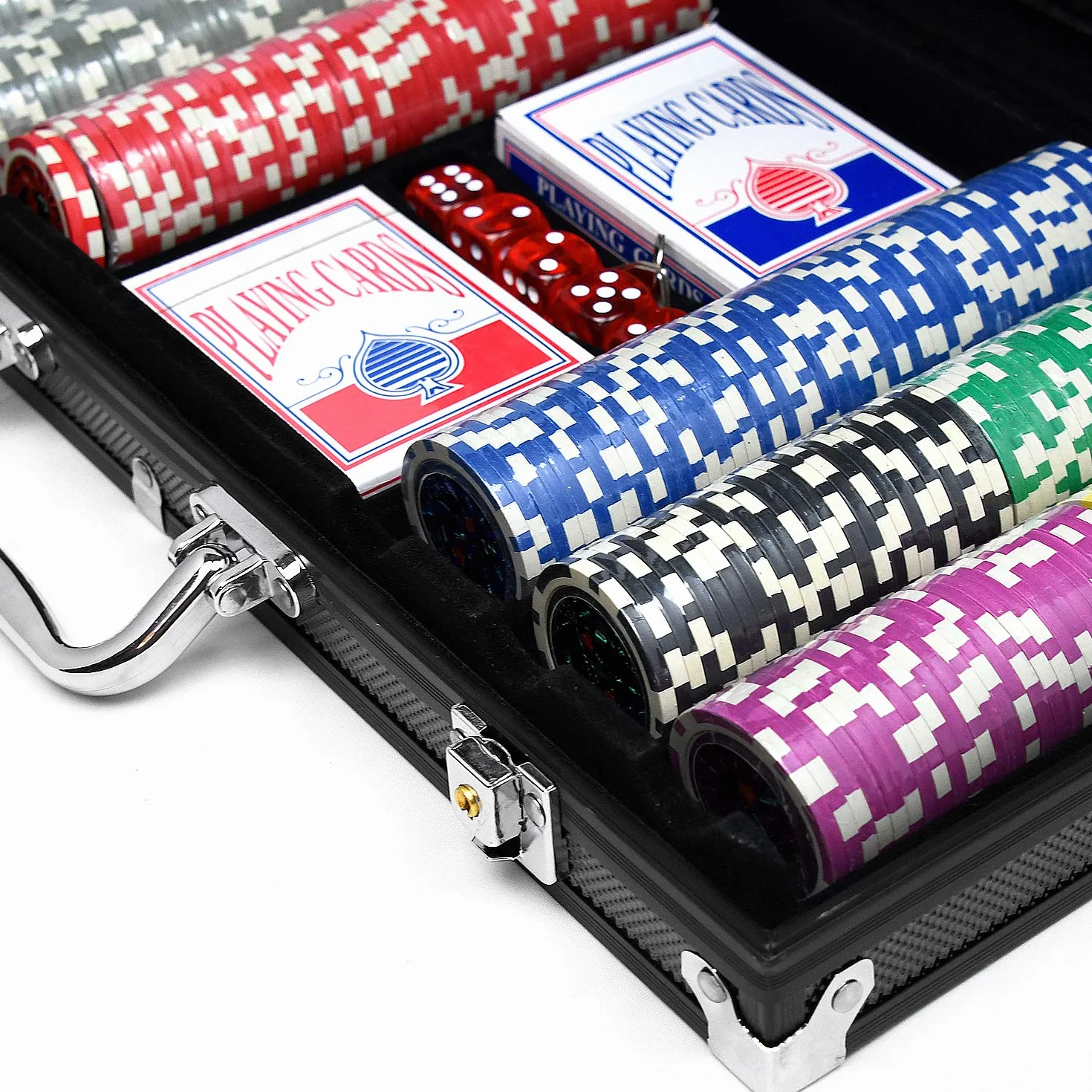 LZQ Custodia da poker 500 chip Texas Hold'em, con custodia nera in alluminio per il trasporto e chip da casinò, 2 giochi di carte dealer Small Blind Big Blind Buttons e 5 dadi