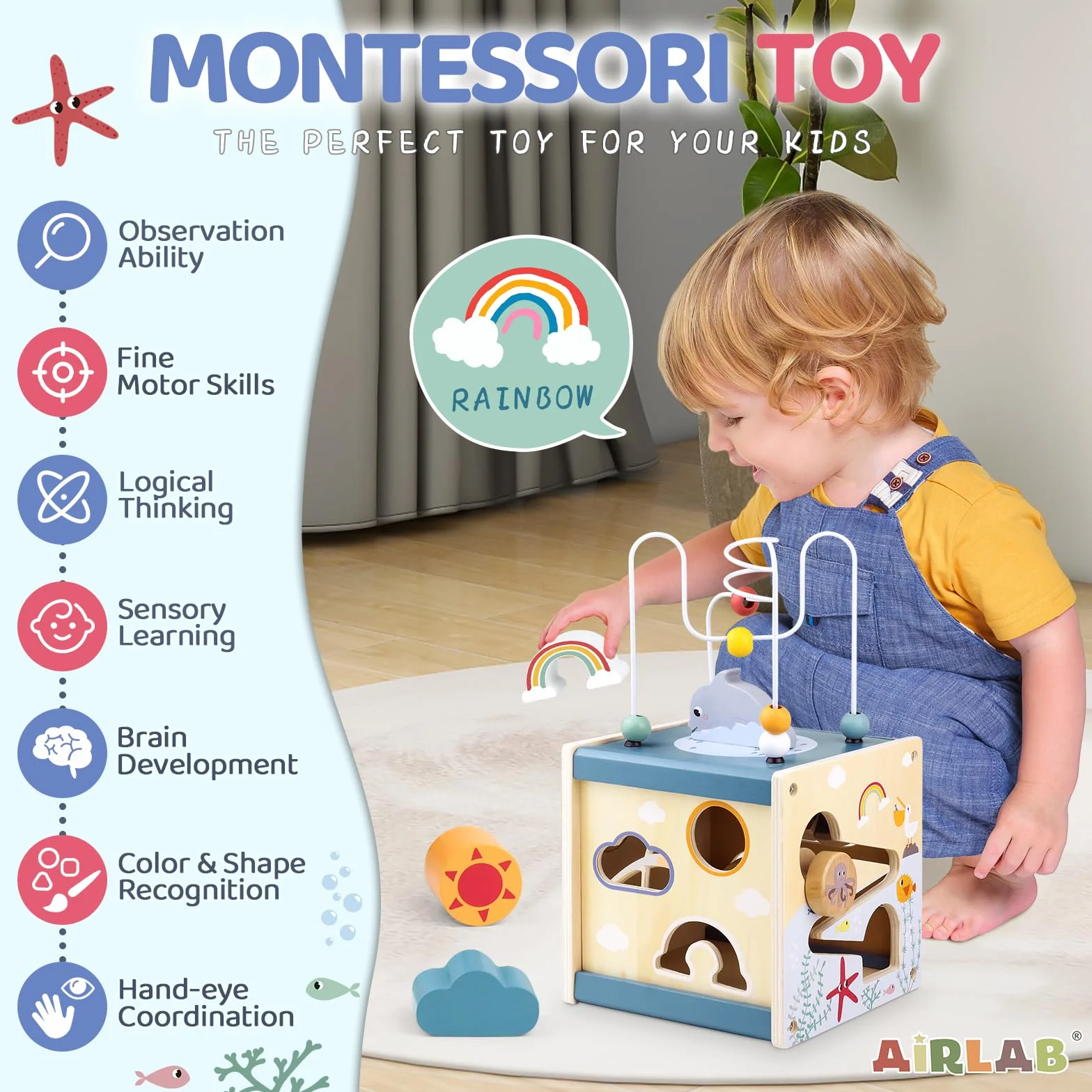 Airlab Cubo Montessori 1 Anno, Giochi Bambini Bambina Bambino 2 3 4 anni, Giochi Legno Bimba Bimbo Educativi Montessori, Labirinti di Perline, Giocattoli Regalo Compleanno Natale Ragazzi Ragazze 1 2 3