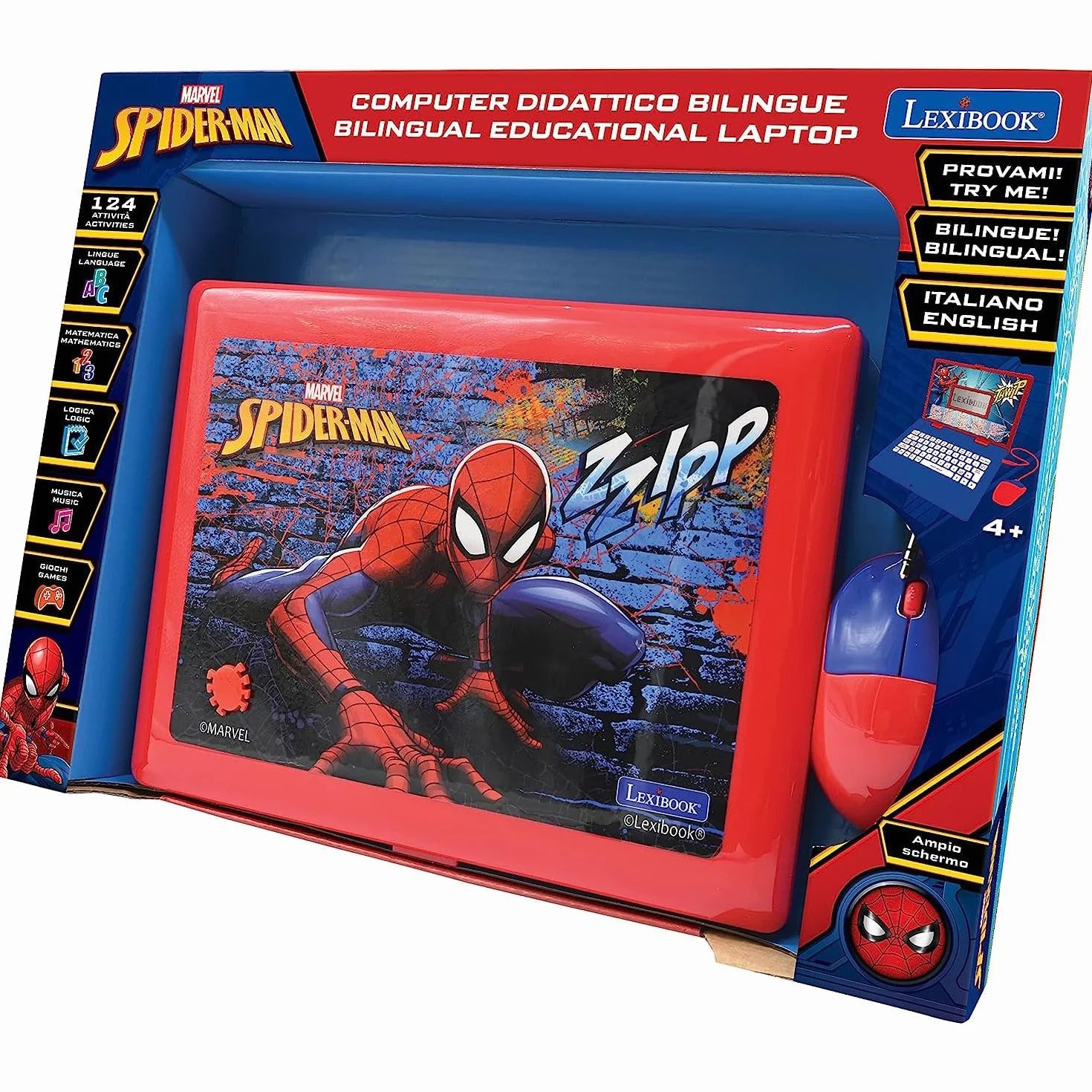 Lexibook Spider-Man Portatile Educativo Bilingue Italiano/Inglese 124 Attività Giochi Musica Blu Rosso JC598SPi5