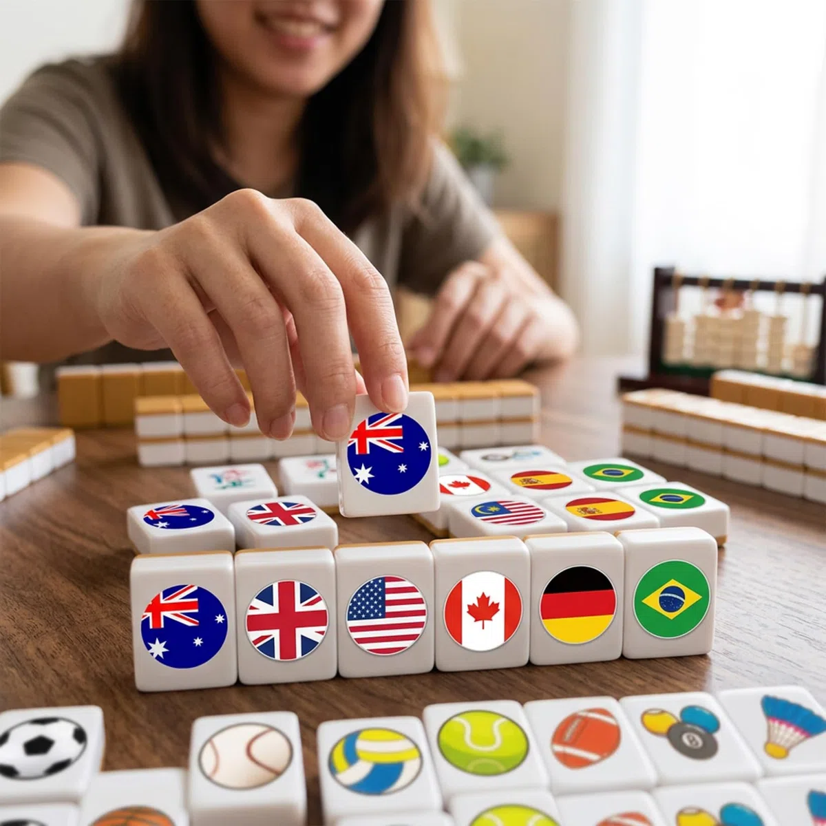 Set Mahjong per Bambini 48 Pezzi Blocchi Gioco con Bandiera Palla Piastrelle Giochi da Tavolo Spiaggia