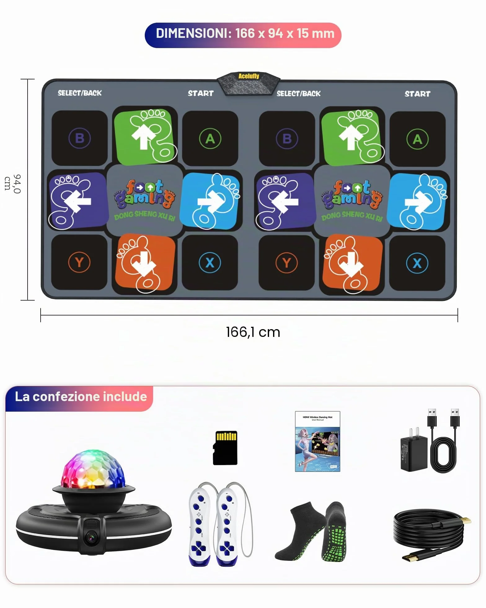 Tappetino da Ballo per Bambini per TV con Telecamera, Tappetino da Gioco Antiscivolo per Interni con 2 Controller Wireless e Palla da Discoteca Colorata, Regalo per Ragazzi, Ragazze, Adulti