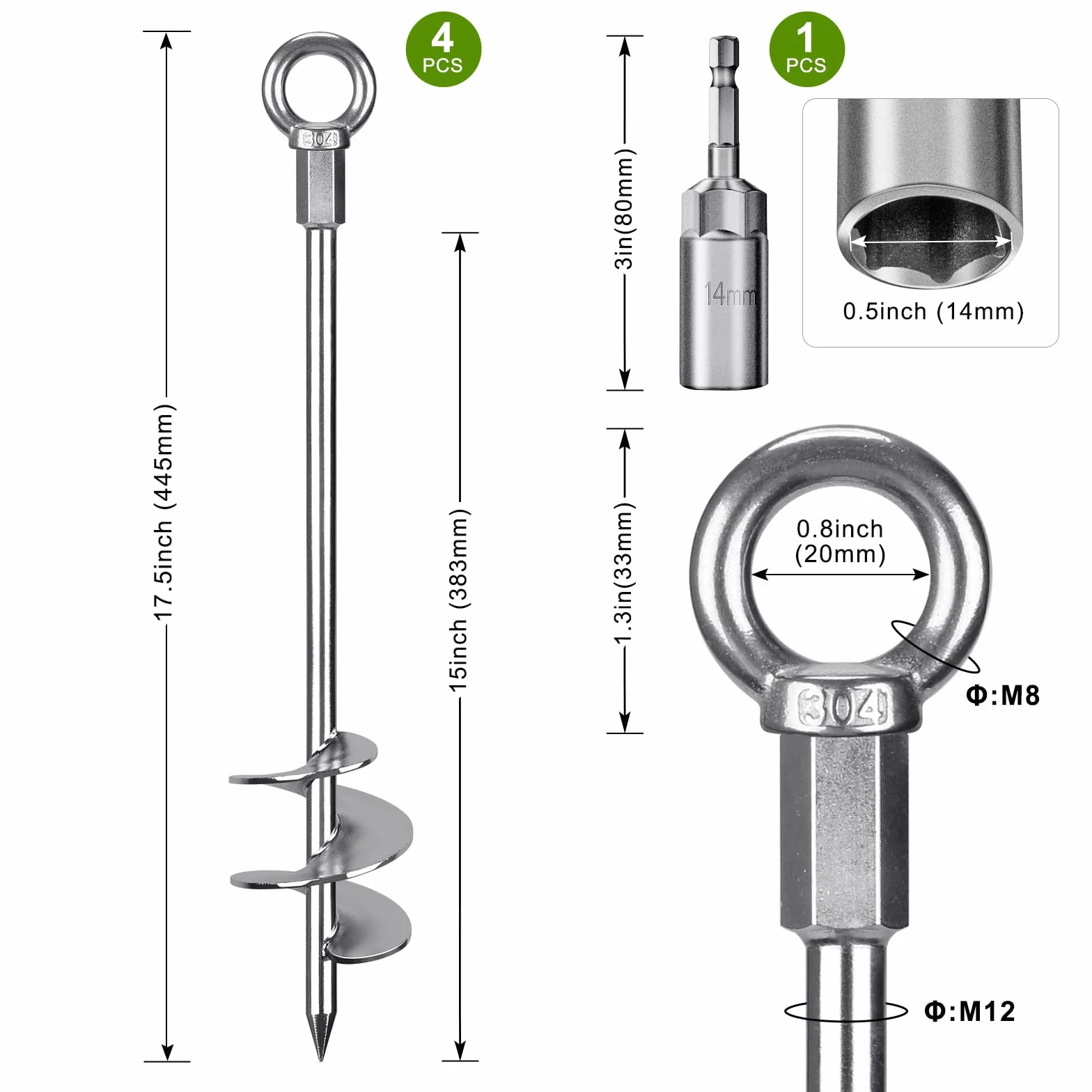 Dolibest Kit di Ancoraggio a Terra Resistente, 46cm Viti di Ancoraggio, Ancoraggio per capannone, Punta Spirale Campeggio Altalena/Campeggio/Tenda/Capannone/Cane/Portico Occhiello Fisso, 4 Confezioni