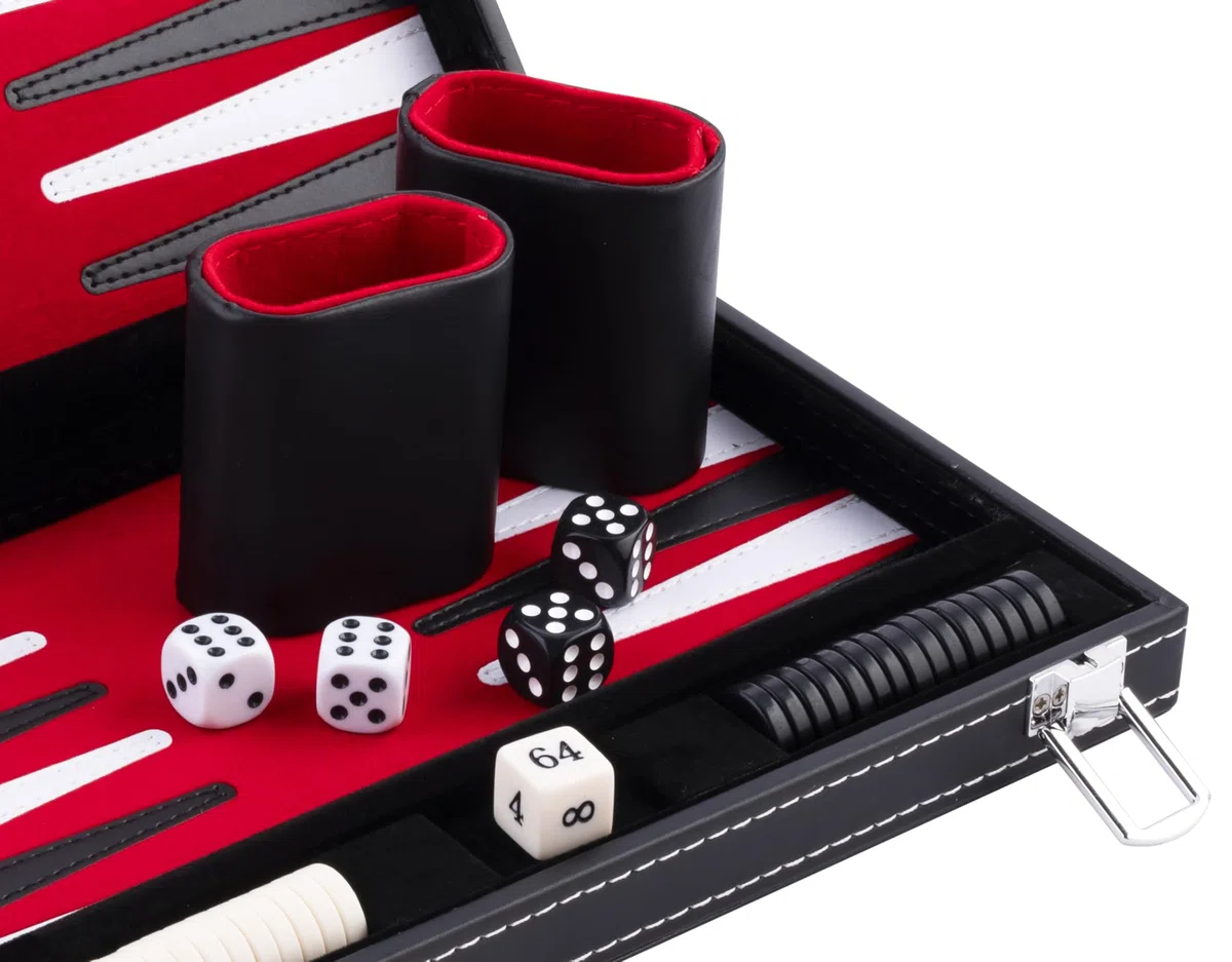 Engelhart - 250513 - Valigetta Backgammon 30 cm (11 Pollici) - Similpelle Rossa/Nera/Bianca con Interno in Velluto - Gioco da Tavolo Portatile per 2 Giocatori - Dai 6 Anni in Su