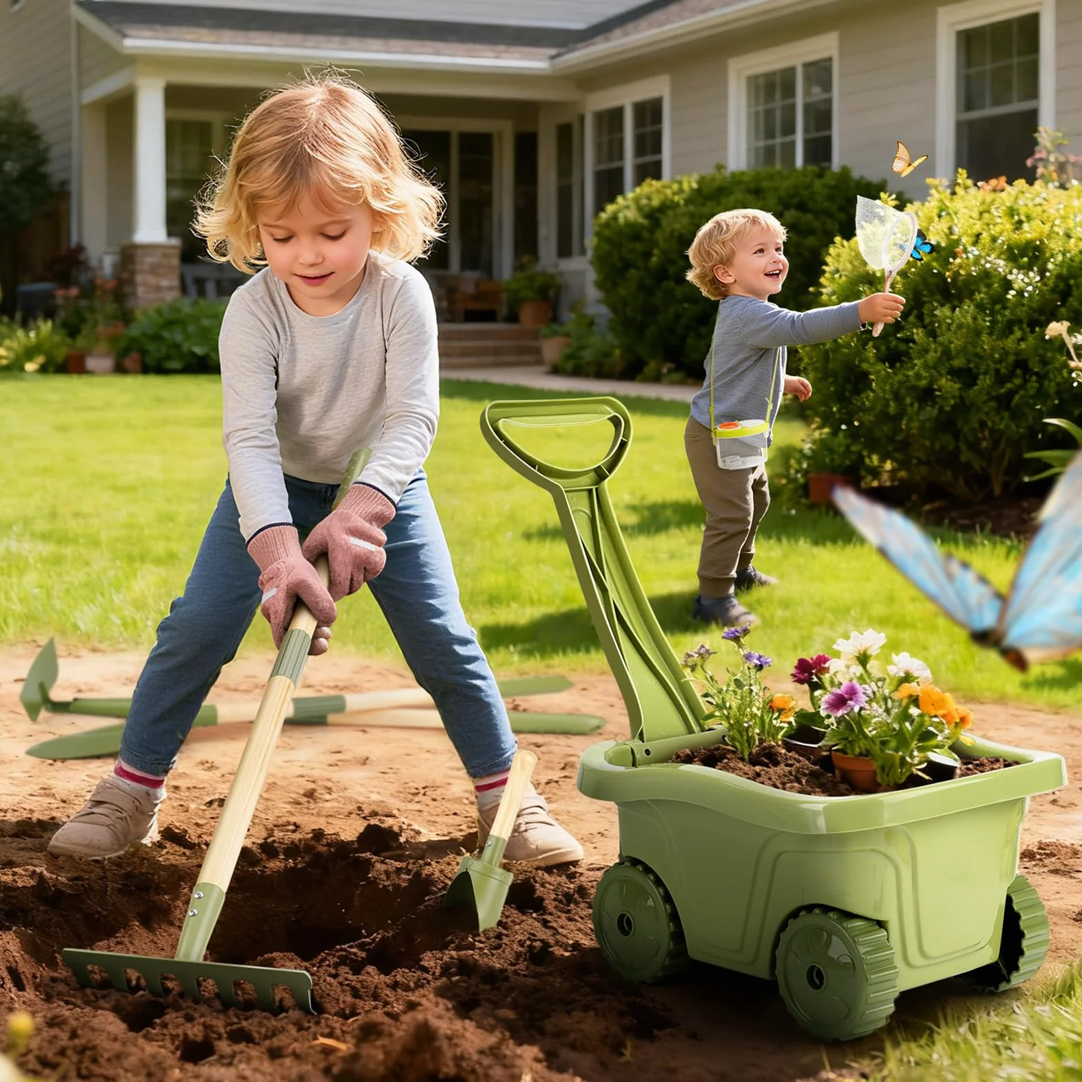 Dreamon Carriola per Bambini 17PCS – Set Giardinaggio Bambini con Attrezzi Lunghi e Corti, Guanti, Kit Esplorazione con Scatola Insetti, Retino, Lente d’Ingrandimento – Gioco Educativo Esterno 3+ Ann