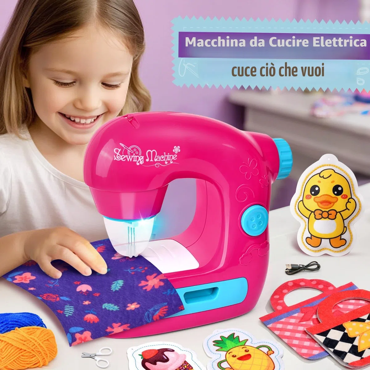 vamei Mini Macchina da Cucire Bambina, Sewing Machine Elettrica con Tessuti, Fili, Accessori Completi, Kit Cucito Bambini, Kit Lavoretti Creativi per Bambini, Regalo Bambina 3+ Anni